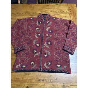 Vintage Icelandic Wool Cardigan Womens Medium Jacket Floral Scroll Key fair isle